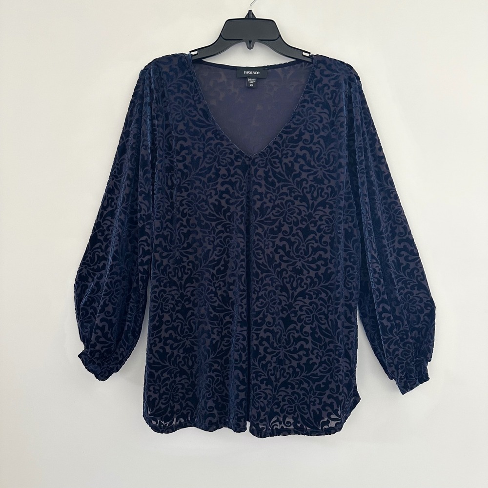 Karen Kane Velvet Burnout Top Womens 2X Navy Blue V-Neck Goth Floral Boho Sheer